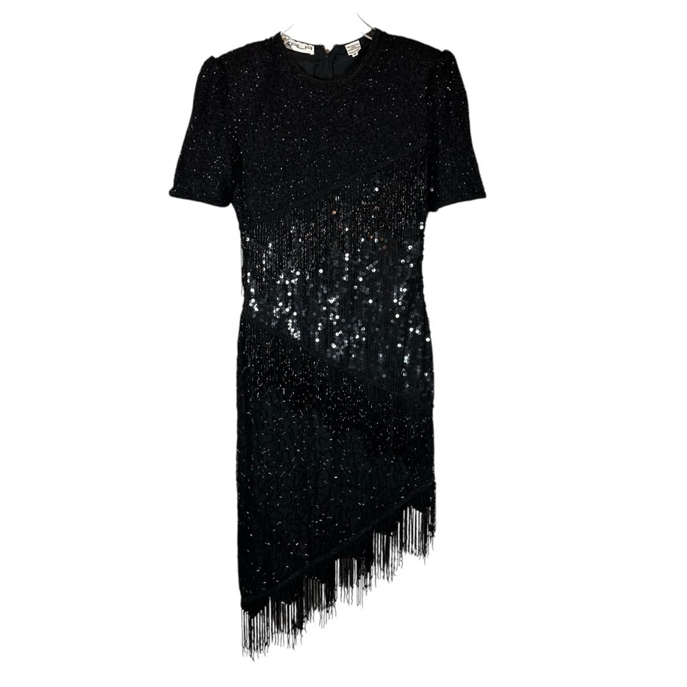 SCALA Vintage Small Silk Black Asymmetrical Sequins Beaded Short Sleeved Dress